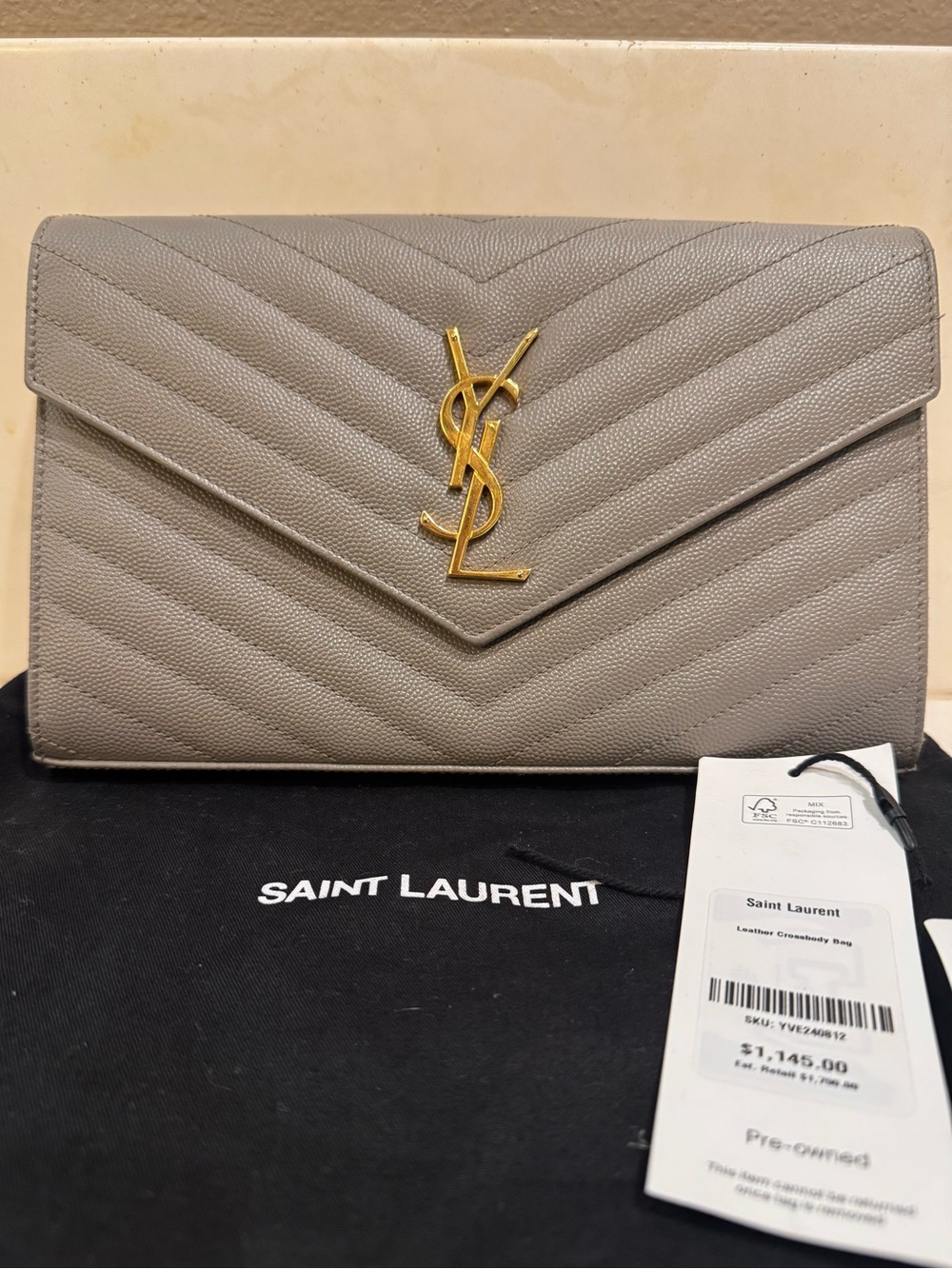 Saint Laurent Grey Chevron Envelope Clutch with Gold YSL Logo & Gold Crossbody